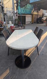 4 Seaters Dining Furniture Set, Conference Furniture Set, 4 Chairs 1 Table - Marble like Finished, Good Condition
From Japan, Pre-loved 
Material(s): Marble Like Finished Plywood/Plyboard, Upholstery Fabric, Metal Legs

Sizes: 
Chairs 
Height (Sea