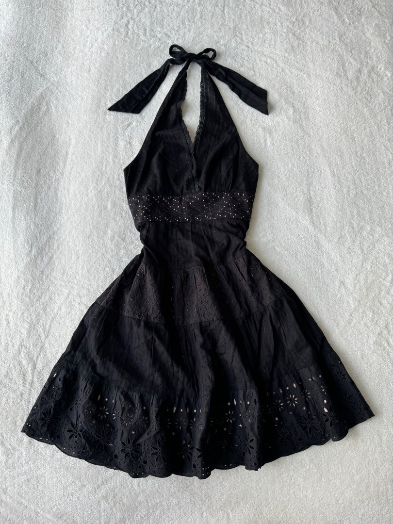 bcbgmaxazria black halter dress eyelet luxury embroidery ribbon