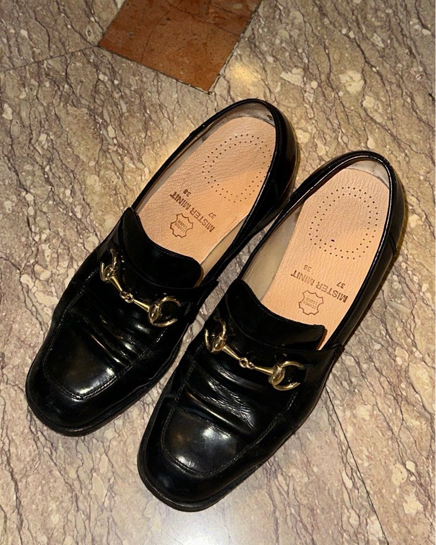 Black Gucci Heeled Loafers Horsebelt Women s Fashion Footwear