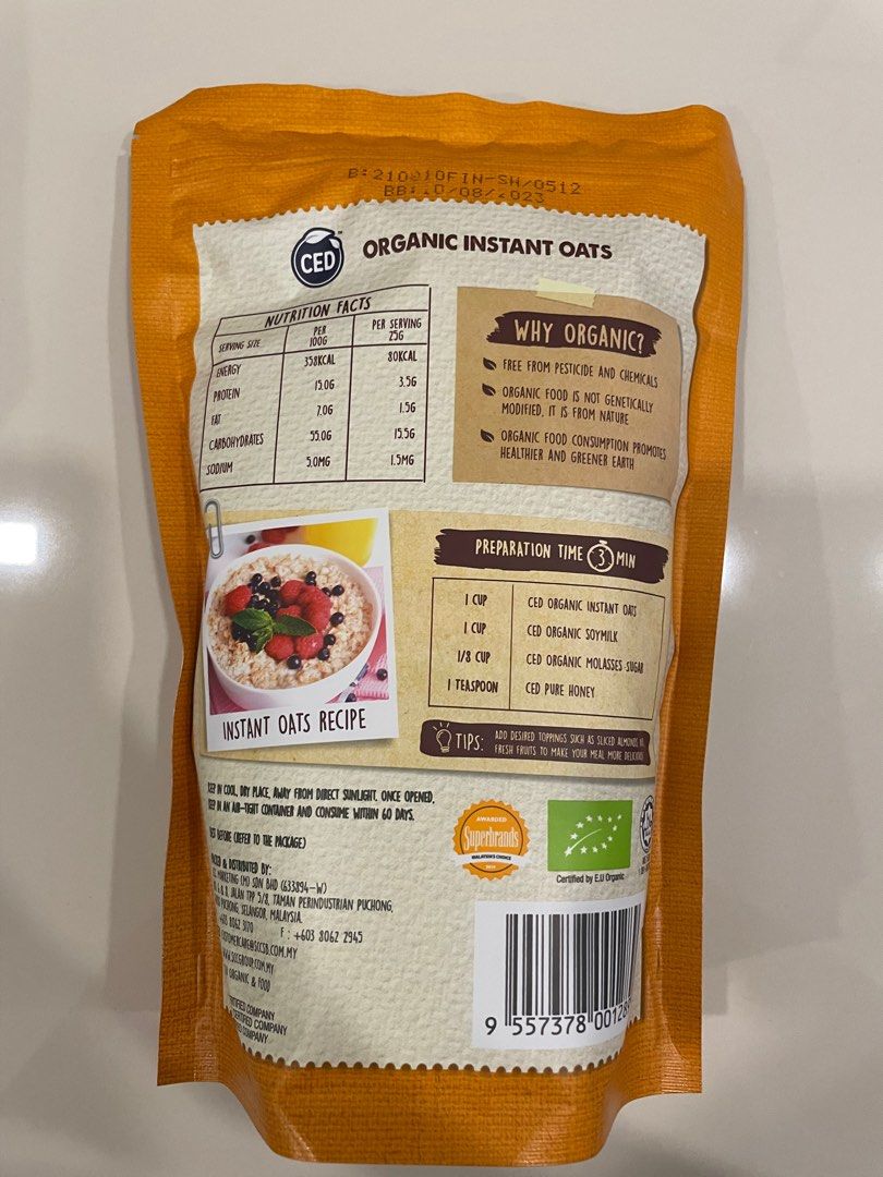 CED Organic Instant Oats 500g (expired), Food & Drinks, Packaged & Instant Food on Carousell