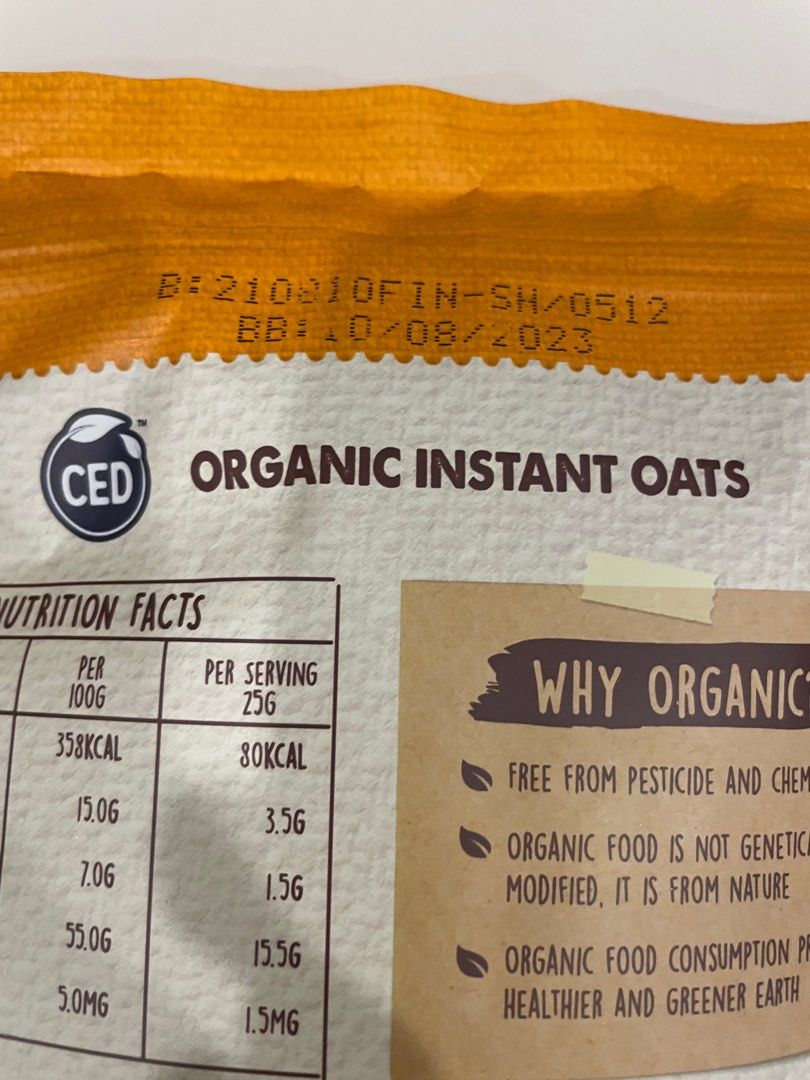 CED Organic Instant Oats 500g (expired), Food & Drinks, Packaged & Instant Food on Carousell