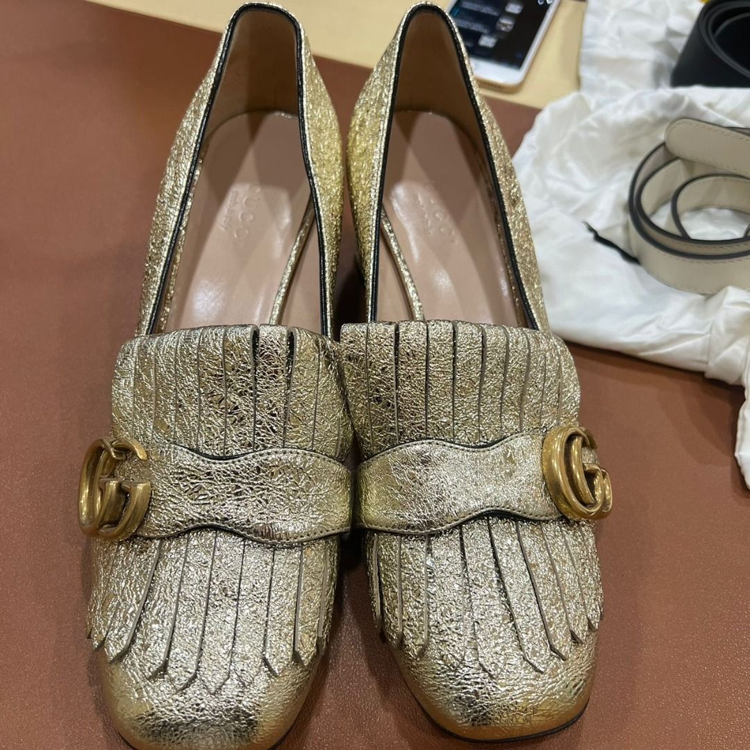 GUCCI 408208 MARMONT GOLD METALLIC LEATHER HEELS 37 Women s