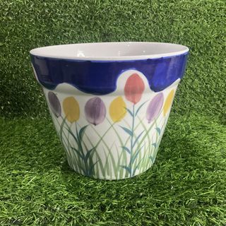 Handpainted Flower Pattern Ceramic Cobalt Blue Band Rim with Drainage Hole Pot Vase 7.75" x 6"  inches  - P375.00