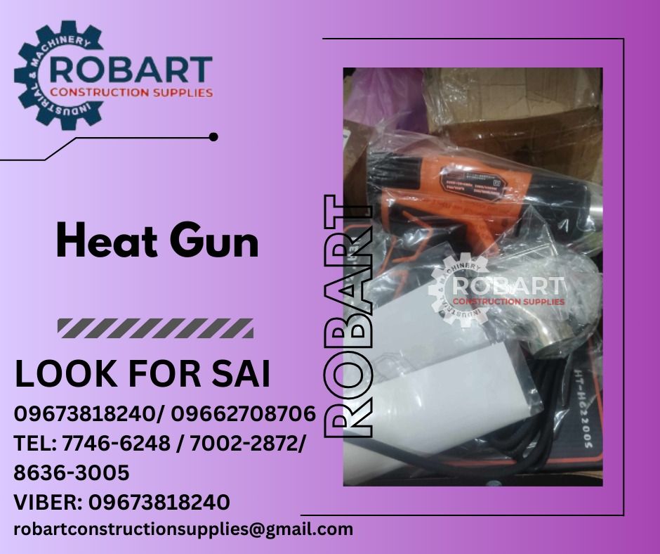 Heat Gun (Category: Construction Tools & Equipment) located in Manila. Submitted by robartehm (Listing ID 1285137454, Image 1). Description: Heat Gun Brand: HOYOMA ROBART CONSTRUCTION SUPPLIES For inquiries: For FAST TRANSACTION: Sai Robart - 09673818240 / 09662708706 Vbr: Robart Sai - 09673818240 sairobart3@gmail. com Office Address: 1405 Yuseco St. Sta. Cruz Manila 7746-6248 , 7216-7605 ,7002-2872, 8-6363005 09351427044 09603947805 robartconstr