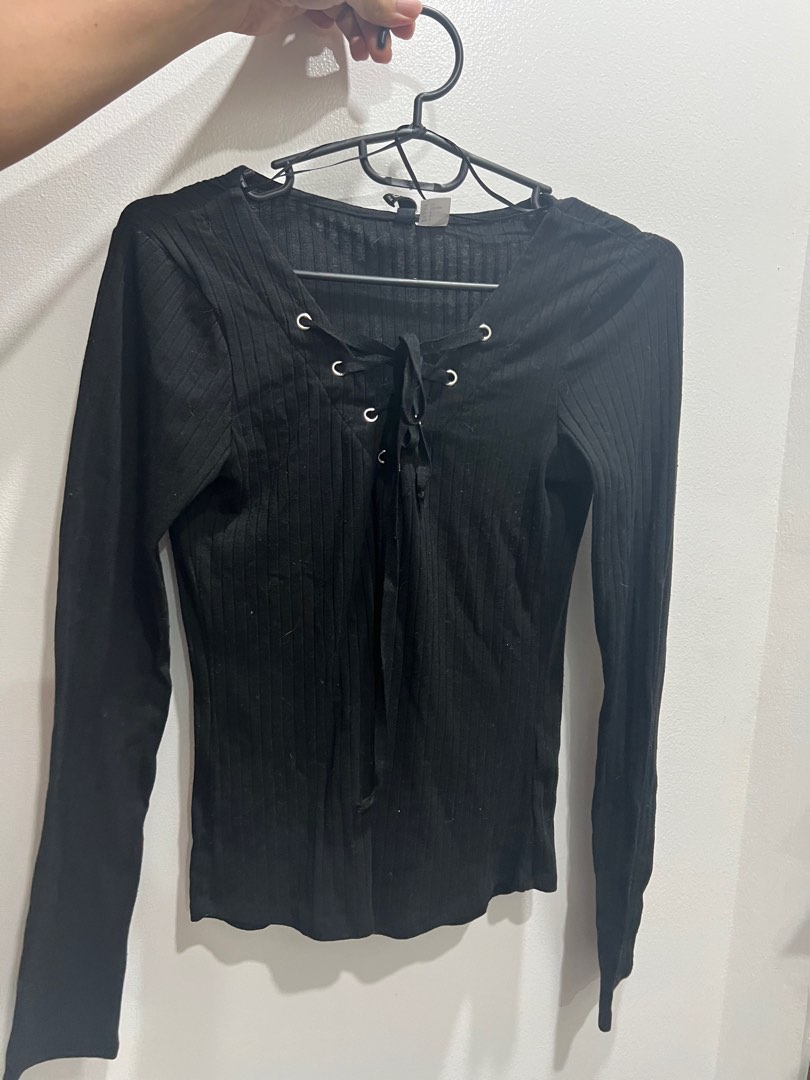 H M Black Top with Lace Up Women s Fashion Tops Blouses on Carousell