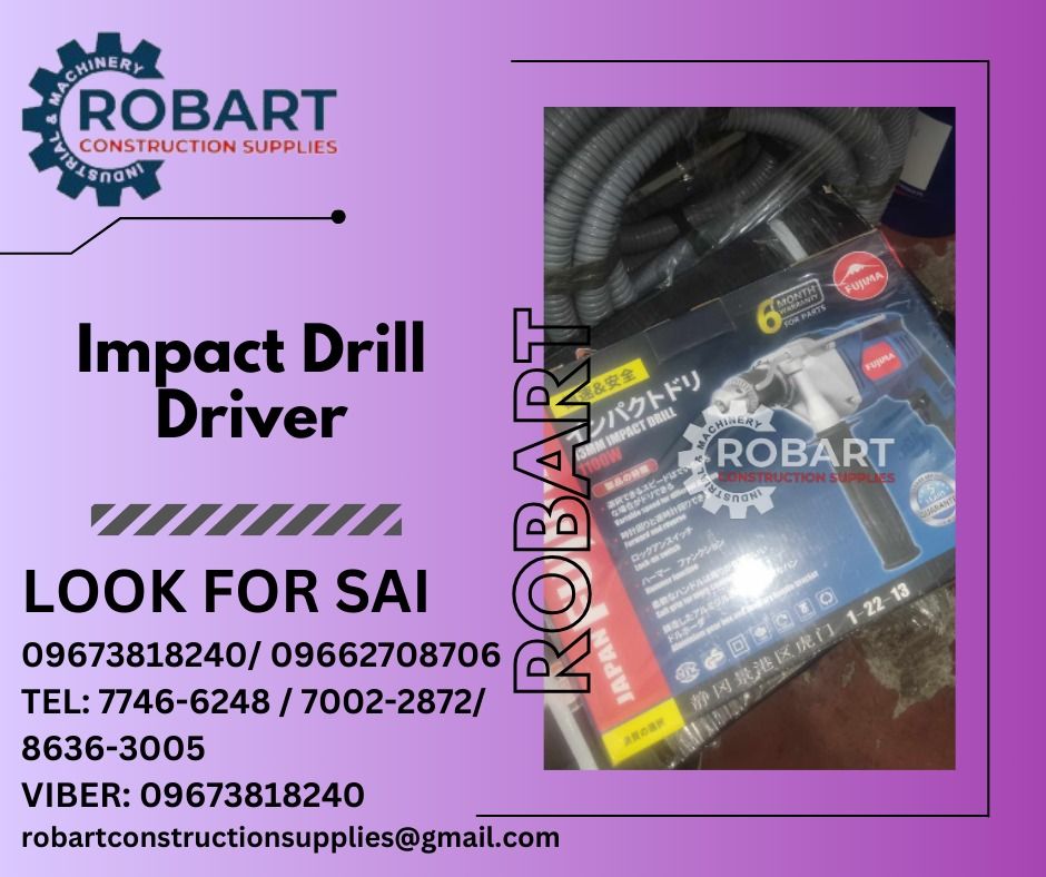 Impact Drill Driver (Category: Construction Tools & Equipment) located in Manila. Submitted by robartehm (Listing ID 1285124912, Image 1). Description: Impact Drill Driver 1100W ROBART CONSTRUCTION SUPPLIES For inquiries: For FAST TRANSACTION: Sai Robart - 09673818240 / 09662708706 Vbr: Robart Sai - 09673818240 sairobart3@gmail. com Office Address: 1405 Yuseco St. Sta. Cruz Manila 7746-6248 , 7216-7605 ,7002-2872, 8-6363005 09351427044 0960394780
