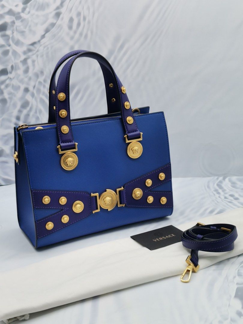 NEW YEAR SALE VERSACE TRIBUTE COBALT BLUE LEATHER IN GOLD MEDUSA
