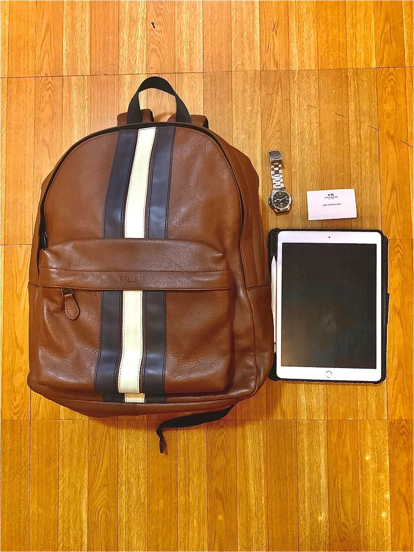 NWT Coach Charles with Stripe Brown Leather Backpack US PURCHASED ORIGINAL PRICE 550 Men s Fashion Bags Backpacks on Carousell