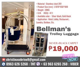 ON-HAND BELLMAN TROLLEY LUGGAGE SILVER AND BLACK CARPET