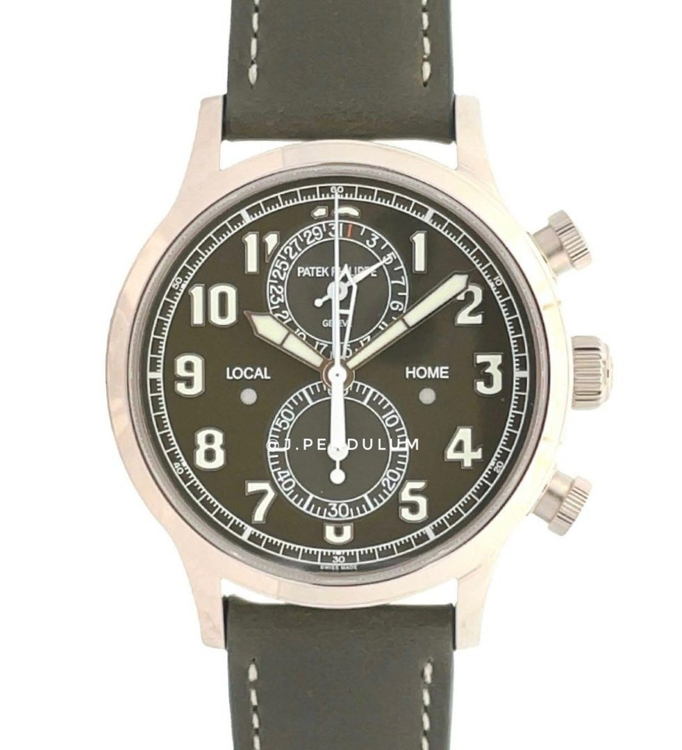 Patek Philippe Pilot Calatrava Travel Time Chronograph White Gold Green Dial 5924G 010