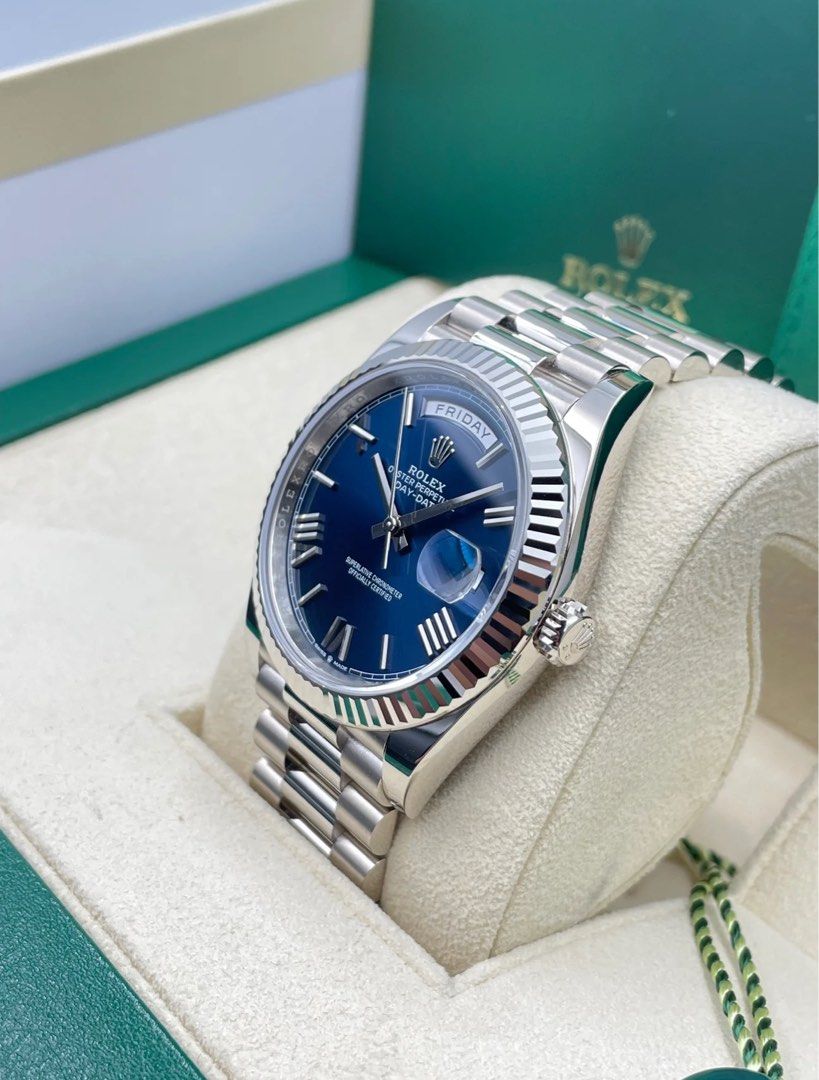 Day date white gold blue dial on sale