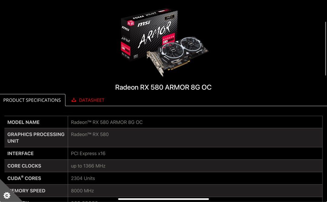 Rx 580 armor hot sale 8g oc