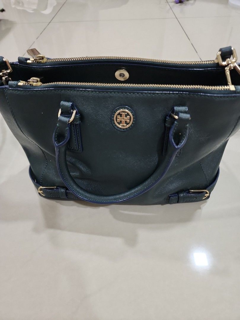 Tory Burch Zippered Handle Long Strap Small Robinson Saffiano Leather Tote