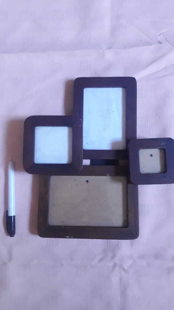 Wooden Frame for 4 Photos (Category: Frames & Pictures) located in Quezon City. Submitted by jojoleen28 (Listing ID 1285109116, Image 2). Description: Made of solid wood. Has scratches on some parts as seen in photos. Unique, great for family photos. Frame size: 10.5" x 11.5" x 1.5" Fits photos for: (1) 2" x 2" (2) 3" x 3" (3) 3.5" x 5" (4) 6" x 4.25" #Sale2026.