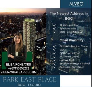 3BR Condo For Sale in Park East Place 32nd St BGC Taguig City Pre Selling by Ayala Land Alveo 131 sqm 300K per Month