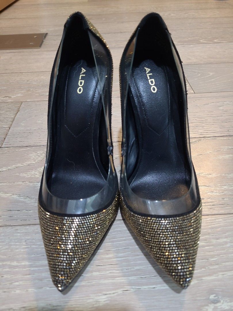 Aldo gold gold and black crystal heels