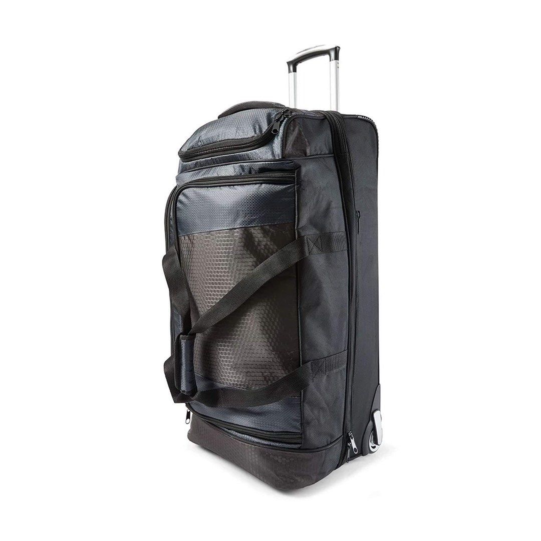 Anko Rolling Transit Duffle Bag, 120L (Category: Luggage) located in Pasay City. Submitted by meostore (Listing ID 1285346291, Image 2). Description: Accessories not included Capacity: 120 litres Dimensions/Size: Bag: 81cm (H) x 38.5cm (W) x 38cm (D) Total height: 84cm (H) Material: Polyethylene (PE), polyester, polyvinyl chloride (PVC), steel and nylon Product weight: 4.5kg Colour: Black Features Double compartment First compartment contains 2 m