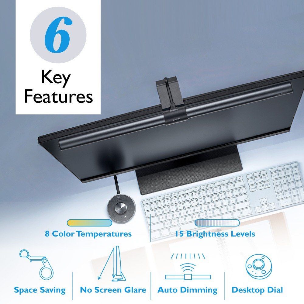 BenQ ScreenBar Plus LED USB Powered Computer Monitor Light Bar 8 Color Temperature 15 Brightness Levels Desktop Dial