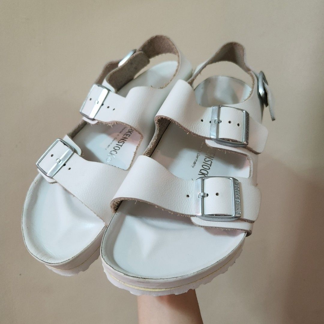 Rare and Authentic Birkenstock milano exquisite triple white genuine leather 39 rf Women s Fashion Footwear Flats Sandals on Carousell