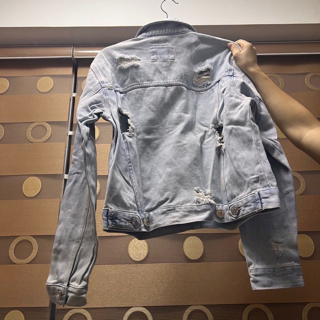 FOREVER 21 Light Blue Faded Washed Denim Distressed Ripped Jean Jacket Women s Fashion Coats Jackets and Outerwear on Carousell