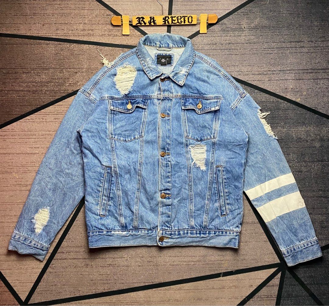Forever 21 Men Blue Denim Ripped Distressed White Striped On Sleeve Jacket Men s Fashion Coats Jackets and Outerwear on Carousell