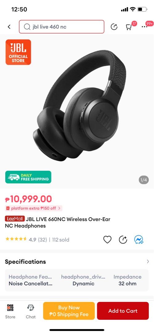 JBL Live 660NC headphones (Category: Headphones & Headsets) located in Quezon City. Submitted by patsalerz (Listing ID 1285369725, Image 3). Description: - Wireless bluetooth, over-ear and noise cancelling headphone - Purchased from Laz ada last Sept 2022 for ₱10,999.00 - Barely used and in super good condition - Ear pads leather in good condition and not peeling - Complete with box, unused type-c charging and audio cables, pouch, and instruction