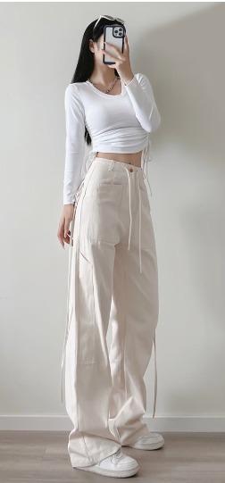 Women Korean Causal Long Pants Loose Wide Leg Plain High Waist