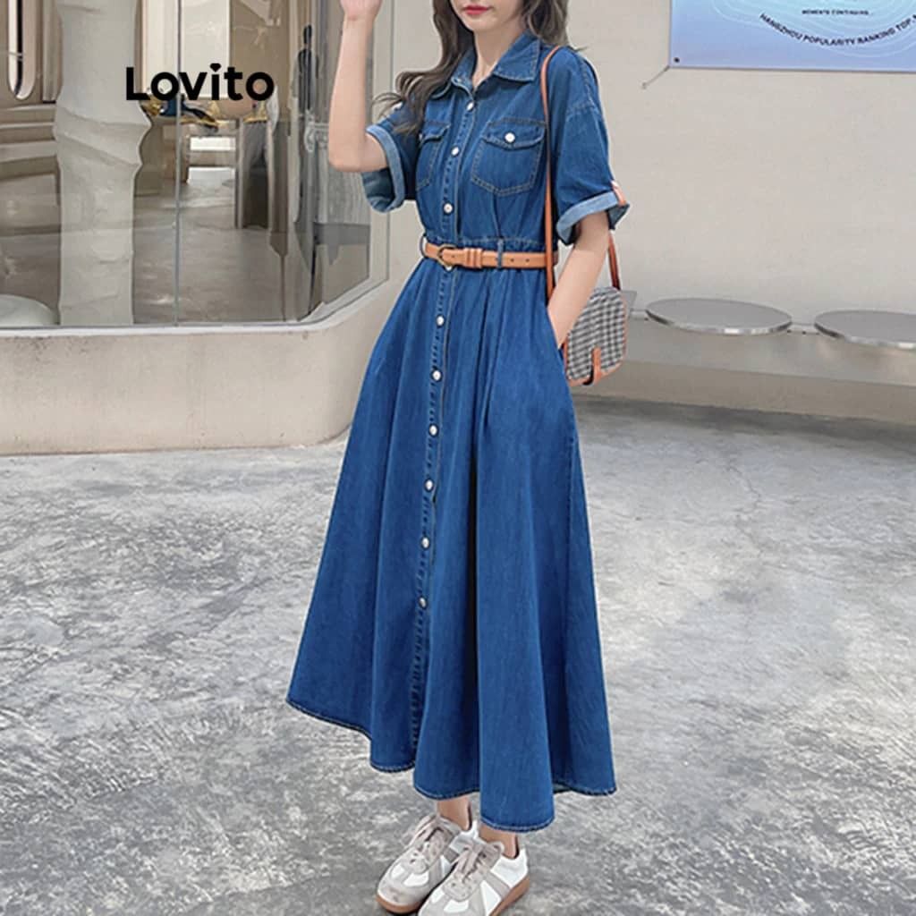 fitted lace wedding dress Denim Maxi Dress w/ Front Slit & Pockets 2XL