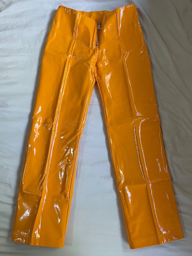 low waist orange patent faux leather latex like pants trousers y2k inspired Women s Fashion Bottoms Other Bottoms on Carousell