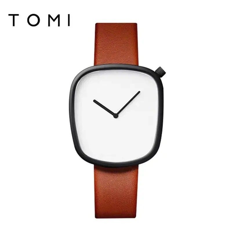 Watch Minimal Women Fashion White Dial With Matte Black Bezel And Brown Strap