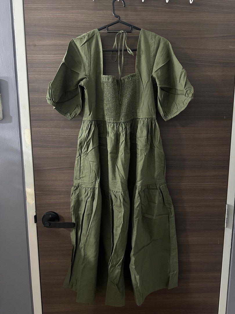 green dress uniqlo Women's Volume Sleeve Dress | Printed