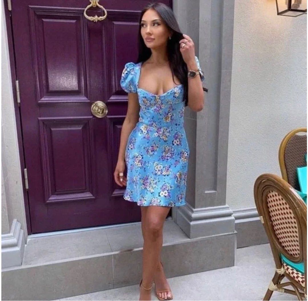 Zara Blue Bustier Puff Sleeve Floral Satin Mini Short Casual Dress