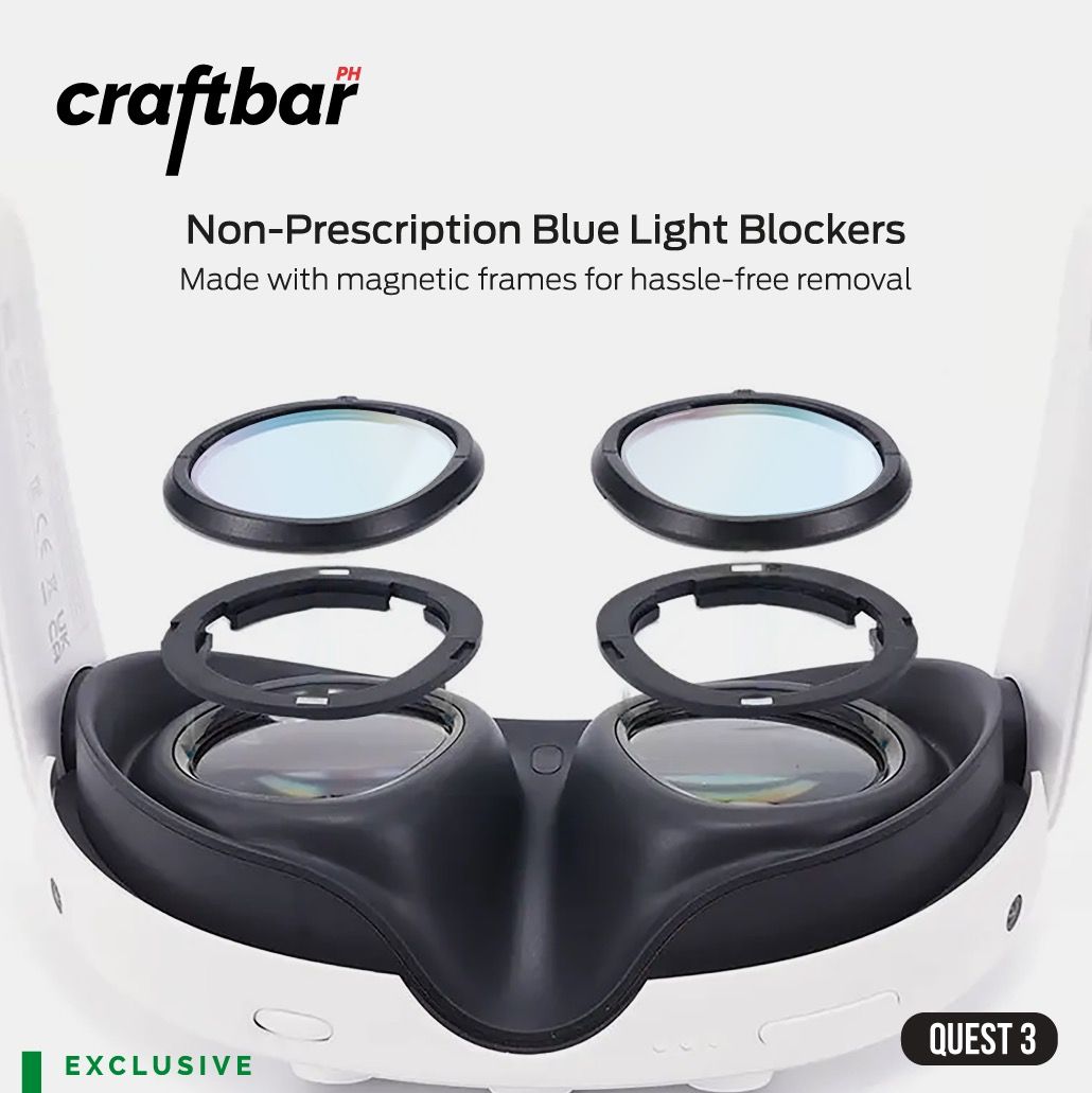 Blue Light-Blocking Lenses with Magnetic Frames for Meta Quest 3 | craftbarPH (Category: Virtual Reality) located in Bulacan. Submitted by craftbarph (Listing ID 1285625360, Image 3). Description: Elevate your Meta Quest 3 experience with our Blue Light Blocking Lenses, designed to reduce eye strain and enhance visual comfort during extended VR sessions. Non-Prescription Blue Light Blockers A great option for those with perfect 20/20 vision, the 