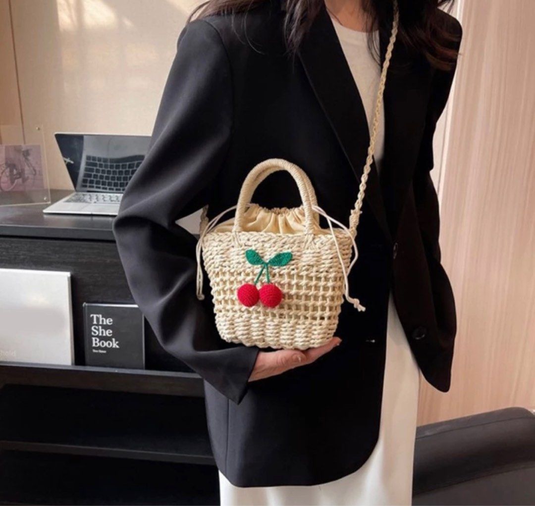 Cute Cherry Drawstring Sling Straw Bag