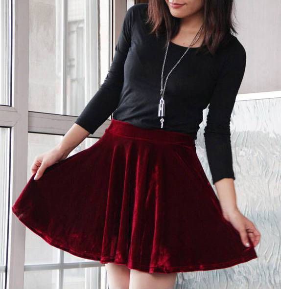 Dark Red Velvet Flare Skirt Women s Fashion Bottoms Skirts on