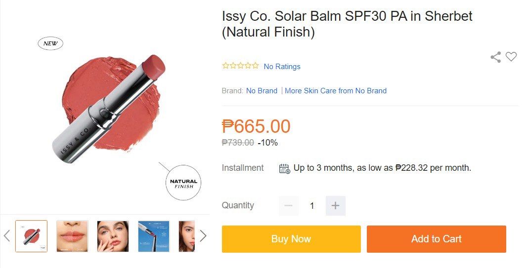 Issy and Co Solar Balm (Sherbet) (Category: Makeup) located in Pasig City. Submitted by collanteskim (Listing ID 1285629544, Image 2). Description: hi! selling this Issy and Co solar balm. never been used and opened. 04/25 rfs: got 2 shades of this already shipping fee will be handled by buyer :).