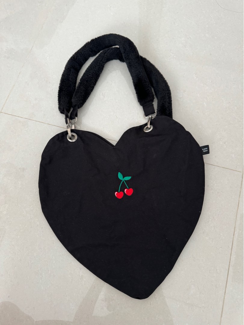 lazy oaf black heart tote with fluffy furry bag straps and cherry embroidery Women s Fashion Bags Wallets Tote Bags on Carousell