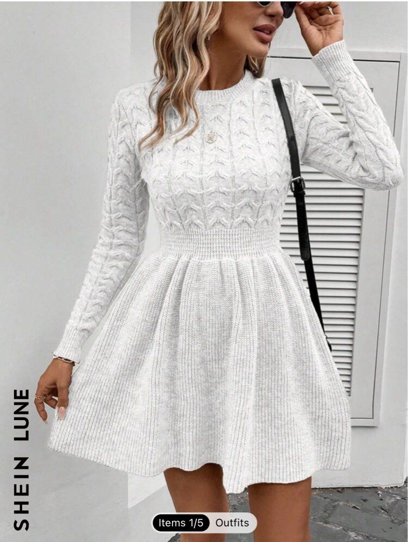 LEGIT SHEIN LUNE Cable Knit Flare Hem Sweater Dress, Women's Fashion,  Dresses & Sets, Dresses on Carousell