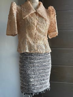 Modern Filipiñana Top with tweed skirt