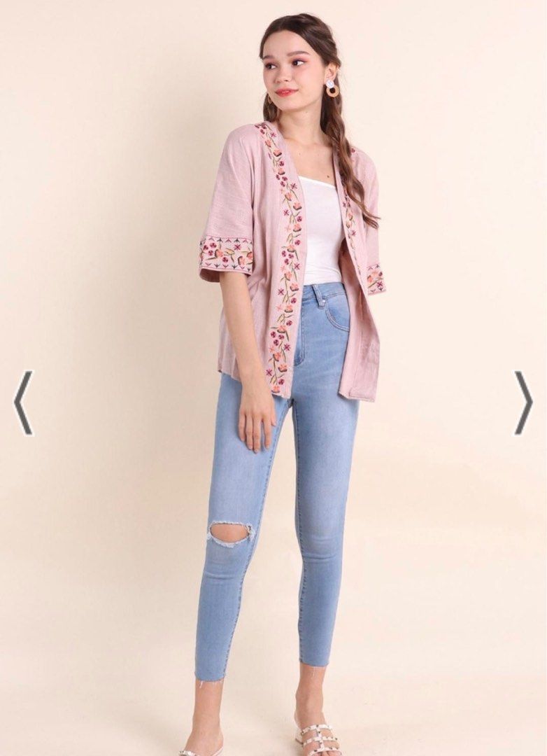 Neonmello Yoshi Embroidery Linen Cardigan in Mauve Pink size S