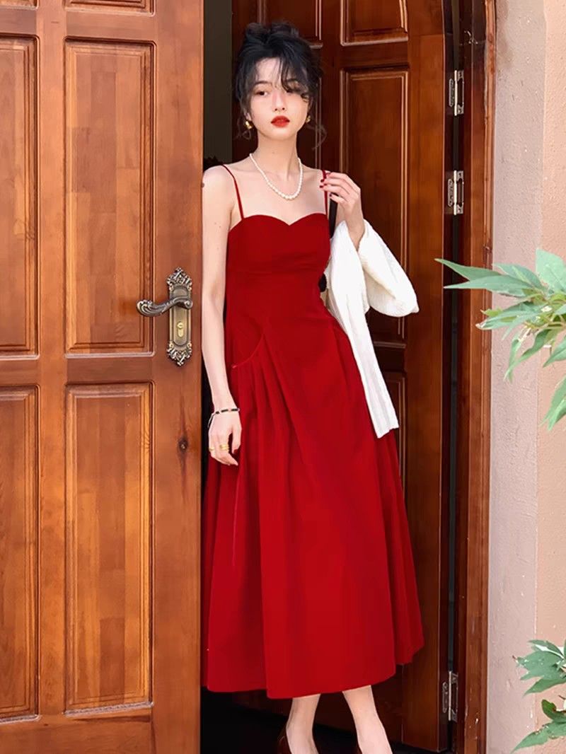 Red sleeveless cheap long dress