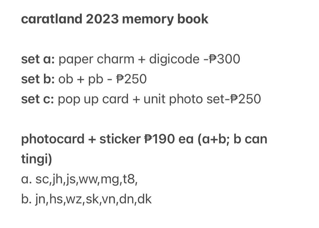 seventeen in caratland 2023 memory book (Category: K-Wave Merchandise) located in Manila. Submitted by jnlldp (Listing ID 1284945895, Image 3). Description: wts lfb ph svt in caratland 2023 - secured; onhand - 190 per memset (pc + sticker) pairings: a+b/ b can claim alone a. sc,js .