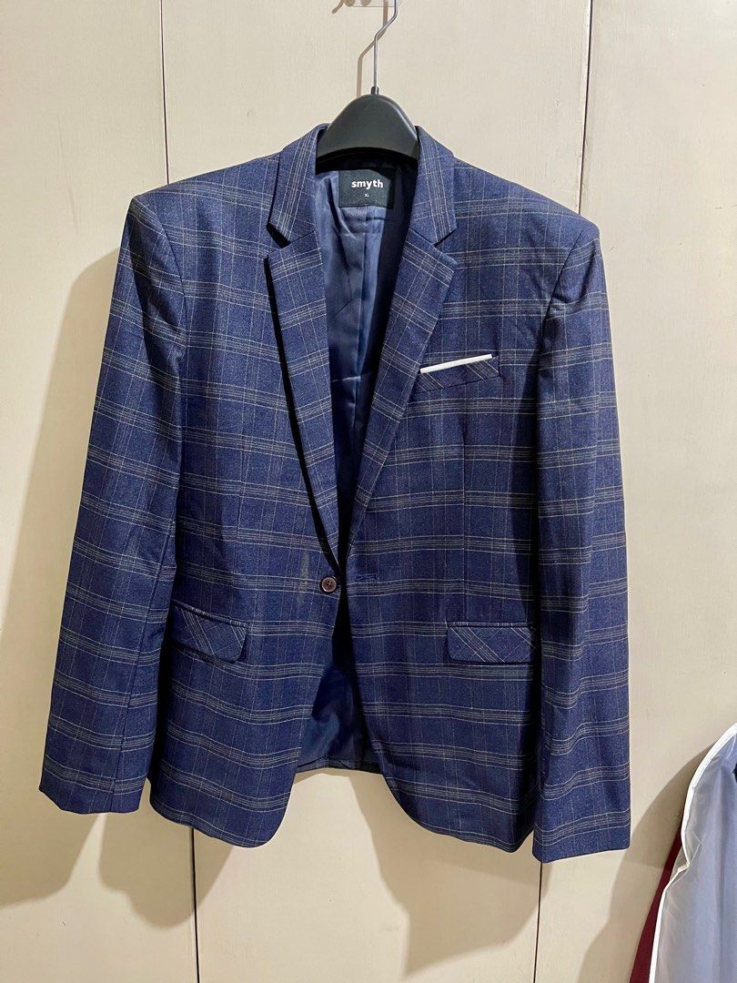 Smyth Navy Checkered Blazer (Category: Coats, Jackets and Outerwear) located in Makati City. Submitted by mpr3rd (Listing ID 1285661286, Image 1). Description: Used once to attend a seminar and kept. Chest - 21” Shoulder - 18.5” Length - 30”.