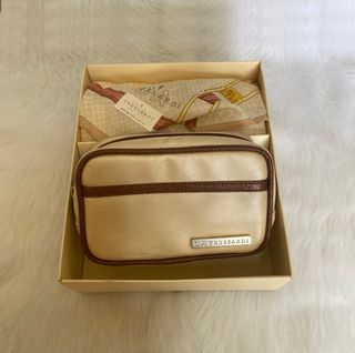 Trussardi Beige Brown Leather Pouch and Handkerchief Set
