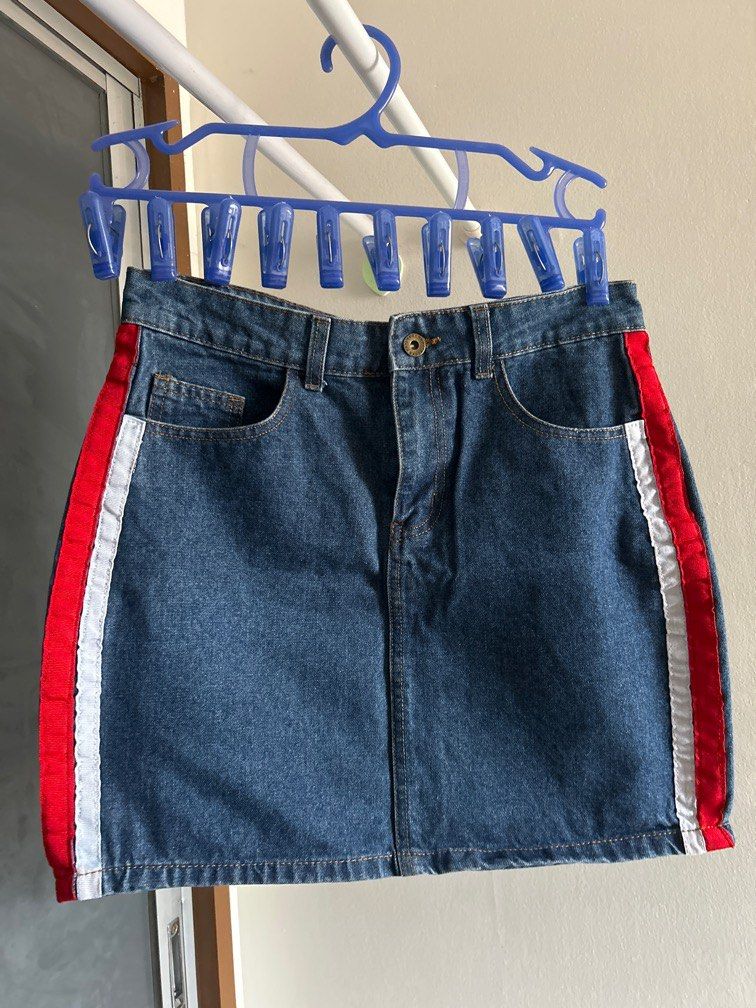 Whatever Denim Mini Skirt with Red and White Stripes Women s Fashion Bottoms Skirts on Carousell