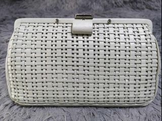 White Woven Leather Turn Lock Clutch