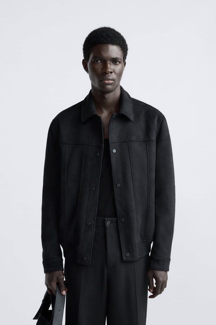 Zara Men Black Faux Suede Jacket in L, Men's Fashion, Coats