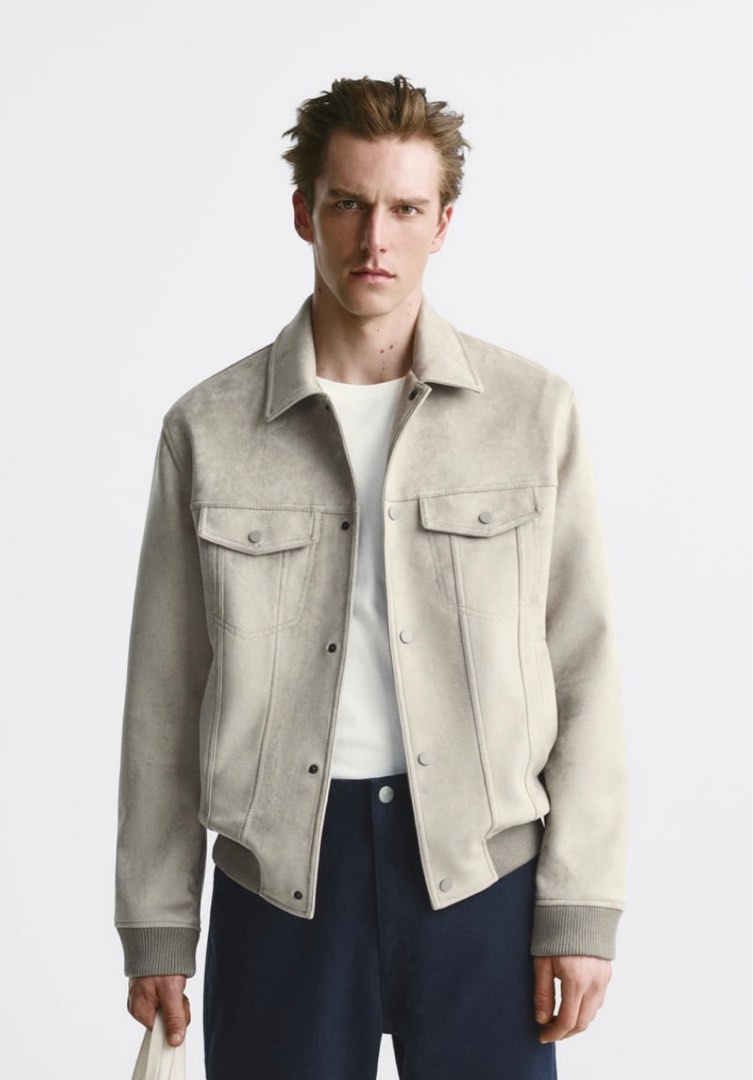Zara Men Ivory Faux Suede Coach Jacket in L Men s Fashion Coats