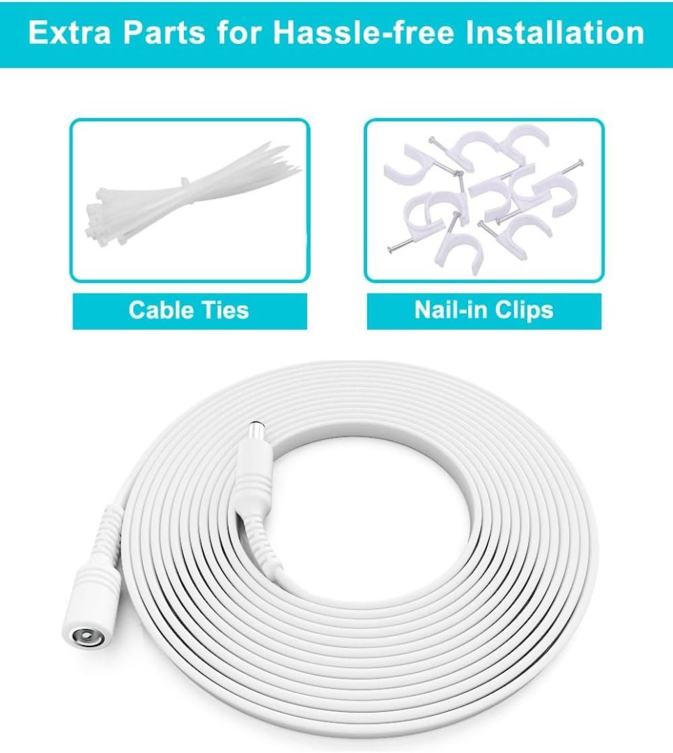 2 Pack 10ft DC Power Extension Cable For CCTV LED Car 12V 2.1mm White