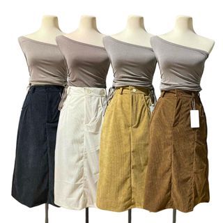 Corduroy Midi Skirt with Slit and Side Pockets